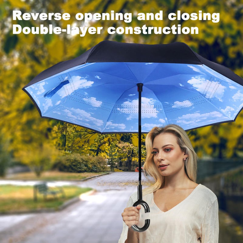 SIEPASA 49/56 Inch Inverted Reverse Upside Down Umbrella, Extra Large Double Canopy Vented Windproof Waterproof Stick Golf Umbrellas with C-shape Handle.(Sky Blue & Starry Sky, 2 pack, 49 Inch) - Image 5